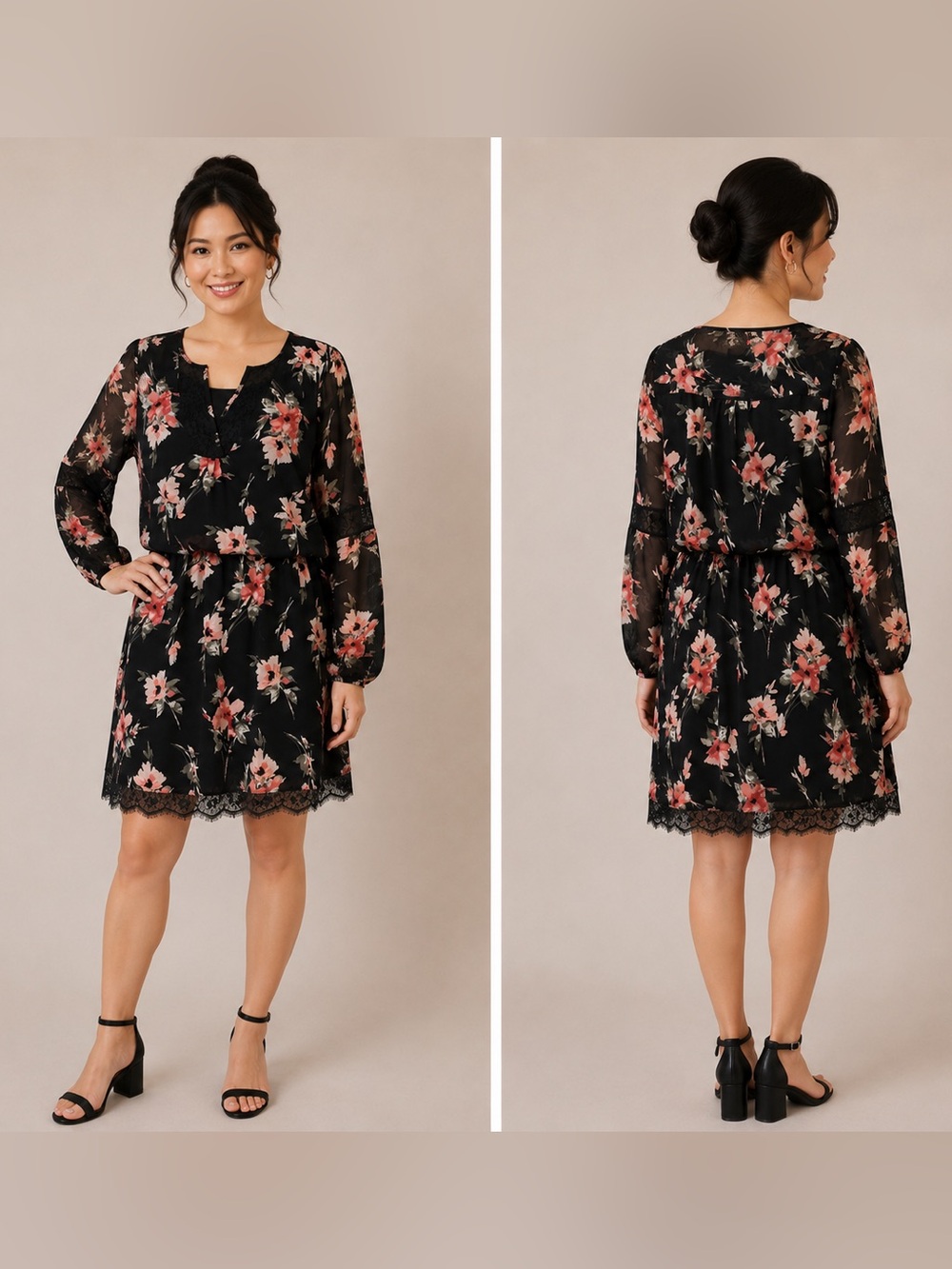 White House Black Market Black Floral Long Sleeve Dress